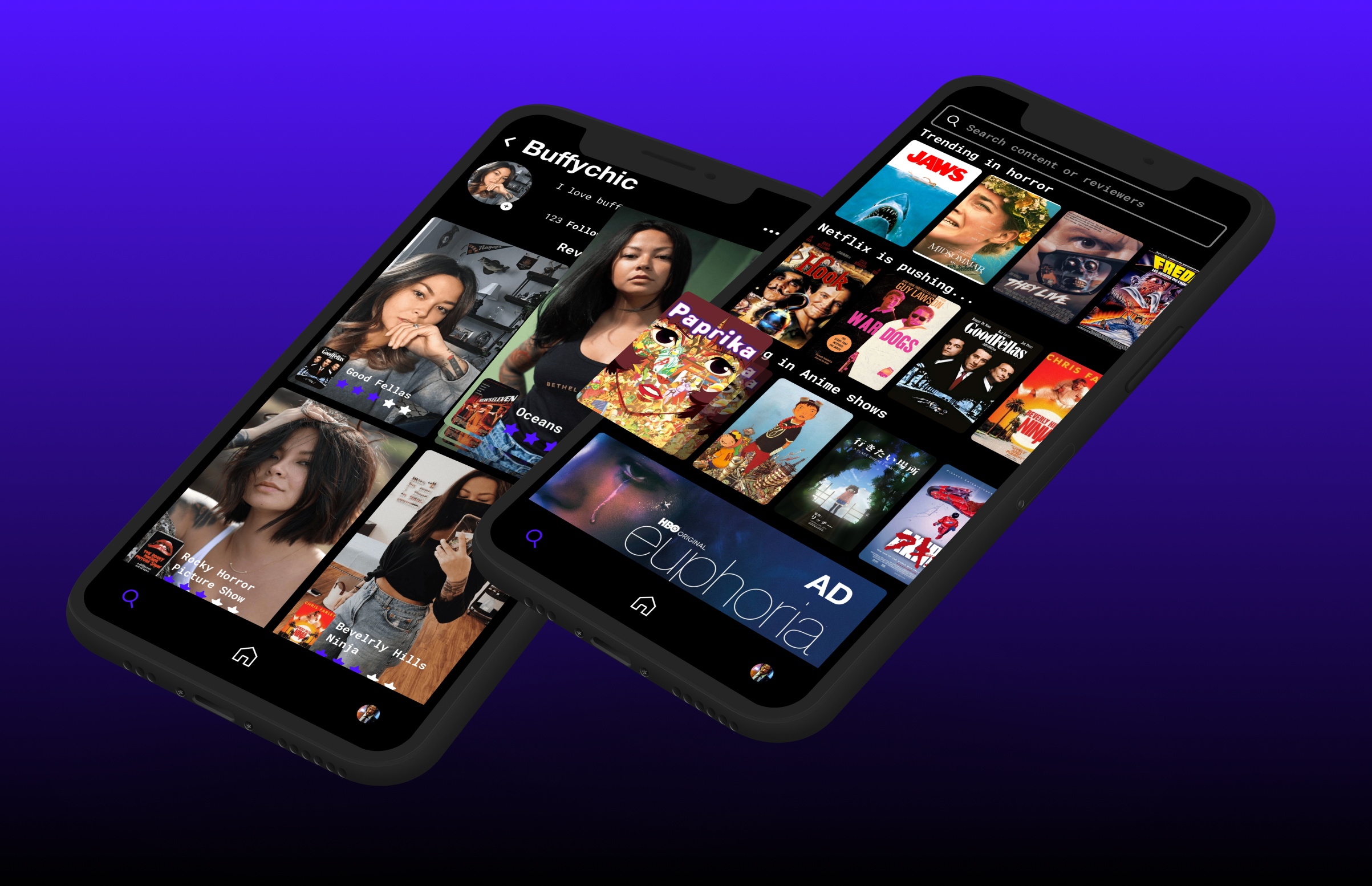Roughtake app showing browse and social feed screens