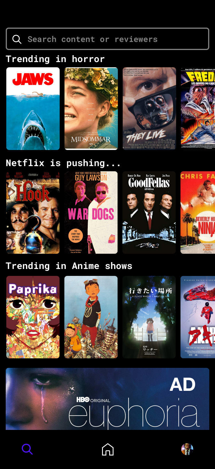 Roughtake browse screen — trending content by genre and platform
