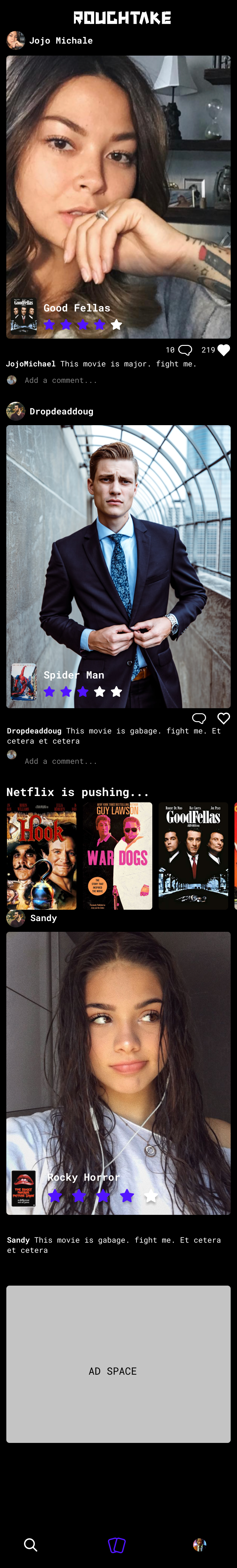 Roughtake social feed — reviewer posts with photos and ratings